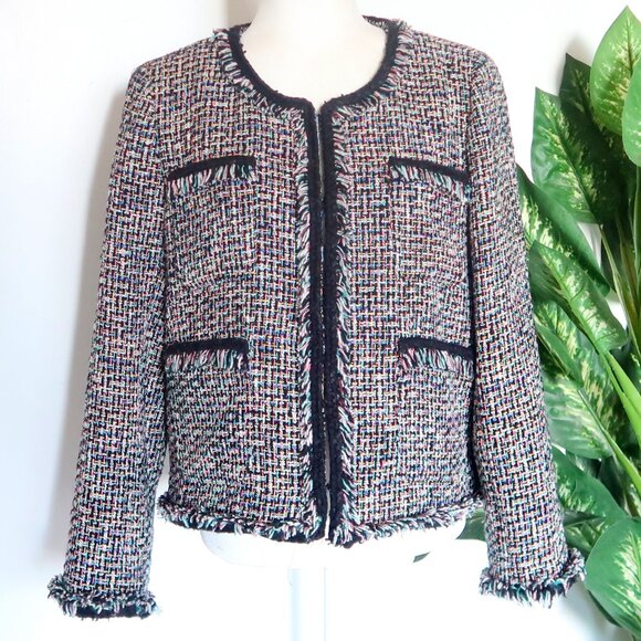 J. Crew Jackets & Blazers - J.Crew Multicolor Black Pink Blue Neon Tweed Blazer Jacket Fringe Office Size 12